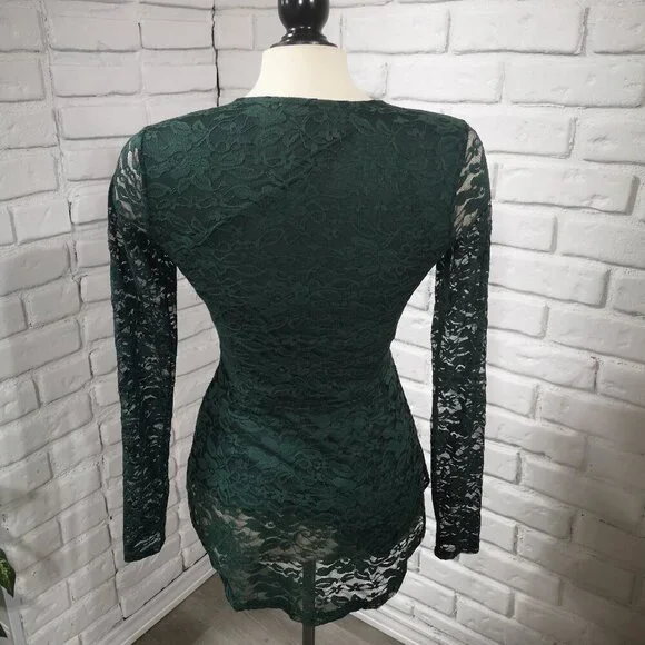 Suzy Shier Ladies Size XS Dark Green Long Sleeves Fitted at Waist Lace Blouse - Picture 2 of 10